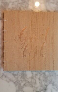 Rustic Wood Grain Guest Book with Rose Gold Script